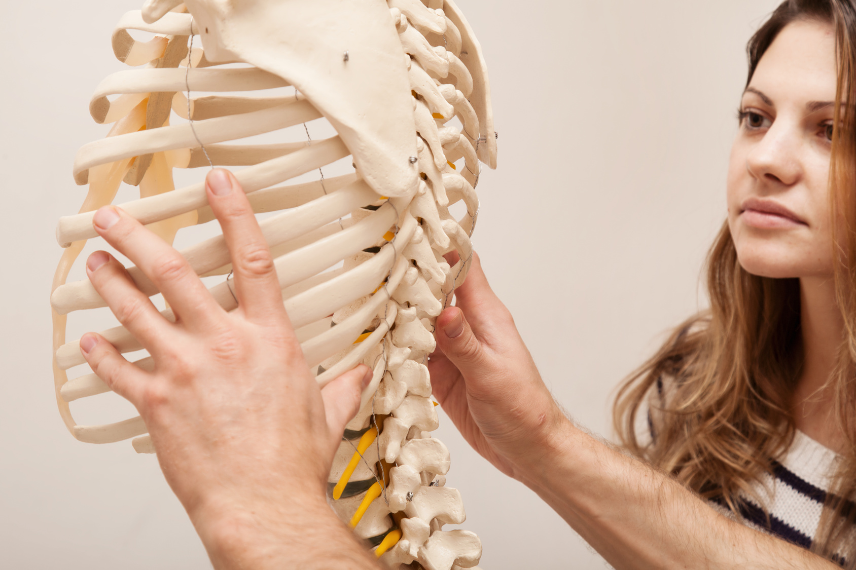 Chiropractor explains to Patient using plastic model